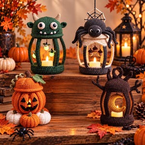 Può includere: Quattro lanterne di Halloween all'uncinetto con un mostro verde, un ragno nero con ragnatela, una zucca arancione con zucche piccole e una lanterna marrone con una mezzaluna. Ogni lanterna contiene una piccola candela accesa.