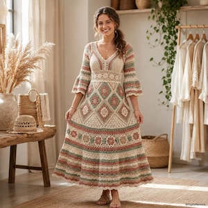 May include: A floor-length crochet dress featuring a V-neckline, three-quarter bell sleeves, and a fitted bodice. The skirt displays a repeating diamond and floral motif in cream, sage green, and dusty rose, finished with a scalloped hemline.