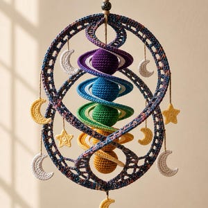 May include: A hanging crochet mobile featuring a central spiral of five spheres in purple, blue, green, orange, and yellow. The spiral is encased in two interlocking dark blue and multicolored rings, decorated with small white and yellow crocheted moons and stars.