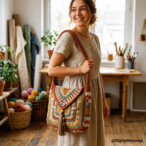 Puede incluir: Un bolso de hombro de ganchillo con un patrón geométrico en tonos óxido, verde salvia, crema y amarillo mostaza. El bolso tiene una solapa triangular asegurada con un botón y una borla decorativa con cuentas de madera en el centro.