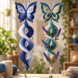 2 Crochet Butterfly Wind Spinner Patterns Bundle PDF | Celestial Moon Stars Lavender Garden Decor | Spiral Hanging Suncatcher DIY Tutorials