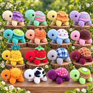 Haakpatroon voor een schildpad (PDF) | Amigurumi pluche schildpad met fruitmotief (seizoensgebonden) | Eenvoudig pluche dier van fluweelgaren (digitale download)