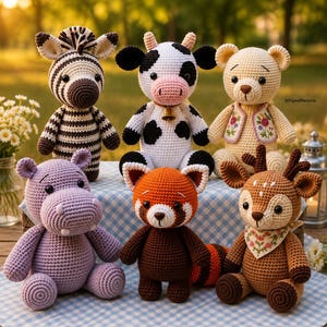 Puede incluir: Una colección de seis animales de peluche tejidos a ganchillo que incluye una cebra, una vaca con campana, un oso con chaleco floral, un hipopótamo morado, un panda rojo y un ciervo con pañuelo floral, dispuestos sobre un paño de cuadros azul y blanco.