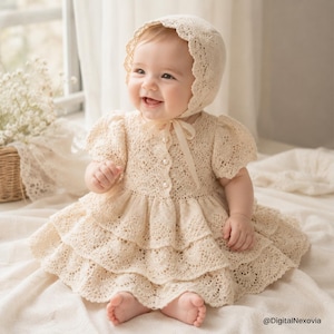 May include: A cream-colored crochet dress with a matching bonnet, featuring a delicate lace pattern, short puff sleeves, a tiered skirt, and small white pearl-like buttons down the front bodice, tied with a thin ribbon under the chin.