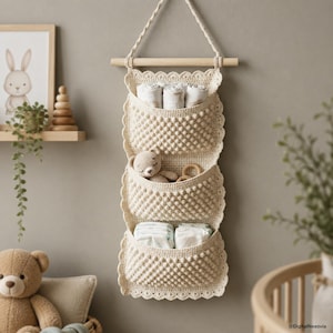 May include: A cream-colored, three-tiered hanging wall organizer made of crocheted yarn with a bobble stitch texture. It features a wooden dowel at the top for suspension, with three deep pockets holding rolled cloths, a small bear toy, and diapers.
