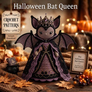 May include: A crochet doll of a bat queen wearing a black and purple gown with a matching cape, crown, and scepter. The doll features large ears and wings. A tag reads Crochet Pattern, and a framed sign reads The Halloween Bat Queen Etsy Exclusive.