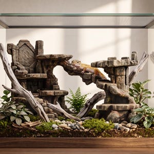 Könnte beinhalten: Ein Glasterrarium mit einem Leopardgecko, der auf einer steinartigen Struktur ruht. Der Lebensraum umfasst eine mehrstufige Plattform, Treibholzstücke, grünes Blattwerk und einen mit Kieselsteinen bedeckten Boden. Der Text VEXORA LIVING STUDIO ist sichtbar.