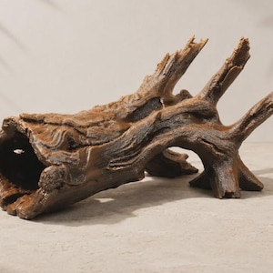 May include: A brown, hollow log ornament with a textured, bark-like surface. The piece features a cylindrical opening on one end and several branch-like protrusions extending upwards and outwards, mimicking the appearance of weathered driftwood.