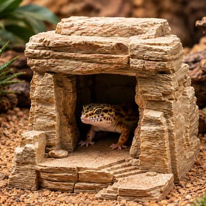 Könnte beinhalten: Ein Leopardgecko mit gelb-schwarz gefleckter Haut ruht in einem beigefarbenen, strukturierten Reptilienversteck in Felsoptik. Das Versteck verfügt über einen rechteckigen Eingang, geschichtete Steindetails und eine kleine Treppe.