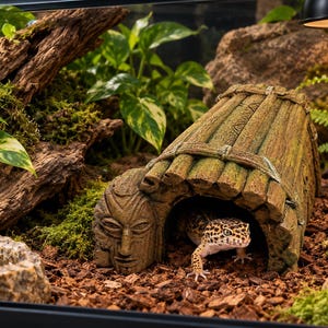 May include: A leopard gecko with yellow and black spotted skin emerges from a brown, textured resin hide shaped like a wooden barrel with a carved tiki face on the front, set within a terrarium featuring green plants, moss, and wood pieces.