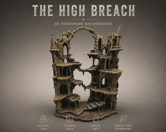 May include: A 3D terrarium background titled THE HIGH BREACH, featuring a tan, weathered stone-like structure with multiple levels, arched doorways, staircases, and a central archway. The design includes intricate architectural details and textures.