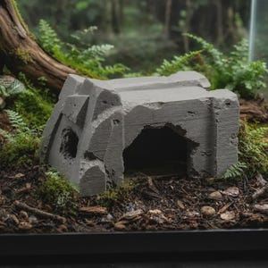Peut inclure: Une cachette pour reptile en pierre grise avec un design architectural vieilli, dotée d'une grande entrée en arc et d'une ouverture latérale plus petite, placée dans un terrarium rempli de terre sombre, de mousse verte et de petites fougères.