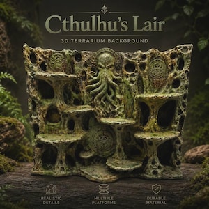 以下が含まれることがあります： 「Cthulhu's Lair」と題された3Dテラリウム背景。苔のような緑色の質感を持つ表面に、複数のプラットフォーム、中央のタコのようなフィギュア、円形のエンブレムが配置されています。リアルなディテールと耐久性のある構造が特徴です。