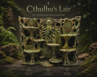 May include: A 3D terrarium background titled Cthulhu's Lair, featuring a textured, mossy green surface with multiple platforms, a central octopus-like figure, and circular emblems. The design includes realistic details and a durable structure.
