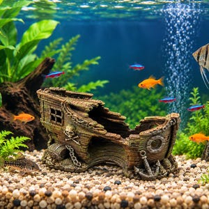 Puede incluir: Un adorno de acuario con forma de naufragio marrón y desgastado que presenta una calavera, tibias cruzadas, un cofre del tesoro y un ancla. El adorno se asienta sobre un lecho de grava clara rodeado de plantas acuáticas y peces tropicales.