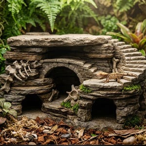 Puede incluir: Un refugio para reptiles de color beige y gris con aspecto de piedra, que presenta una estructura de varios niveles con aberturas arqueadas, una escalera curva y adornos en forma de hueso. Un pequeño gecko crestado marrón está en la escalera.