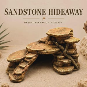 May include: A tan and brown sandstone-textured terrarium hideout featuring a multi-level rock formation with flat platforms and a central arched opening. The text SANDSTONE HIDEAWAY and DESERT TERRARIUM HIDEOUT is printed above the structure.