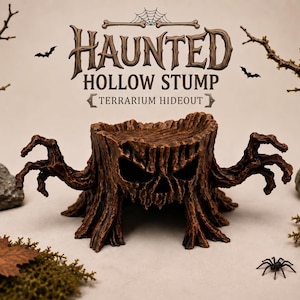May include: A brown, textured tree stump terrarium hideout with a skull-like face and branch-like arms. The text HAUNTED HOLLOW STUMP TERRARIUM HIDEOUT is printed above the object, accompanied by illustrations of bats, a spider, and twigs.