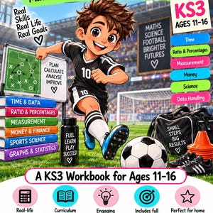 May include: A Match Fit KS3 workbook cover for ages 11-16 featuring a cartoon footballer in a black kit with the number 10. The design includes text about maths and science, a football, a water bottle, and icons for various educational topics.