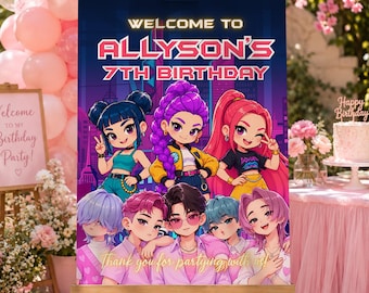 May include: A rectangular birthday welcome sign featuring the text 'WELCOME TO ALLYSON'S 7TH BIRTHDAY' in bold white and red lettering. The graphic displays seven stylized anime-inspired characters with vibrant hair colors against a dark city background.