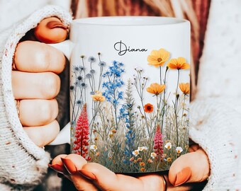 Custom Name Pressed Flowers Mug, Lavender Flower Mug, Boho Wildflowers Cottagecore Coffee Mug, Flower Garden Lover, Gift For Her