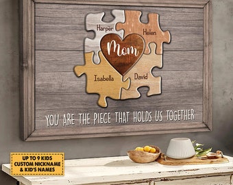 Puzzle Canvas Mom You Are The Piece That Holds Us Together Personalized Canvas Gift For Mother Grandma, Custom Grandma With Kids Names, Mom