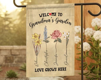 Grandma Gift, Mother's Day Gift For Grandma, Mimi Granny Birthday Gift, Personalized Grandma's Flowers Garden Flag, Custom Grandkids Name