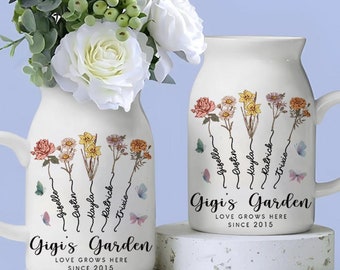 Custom Gigi's Garden Flower Vase, Custom Grandkid Name Gigi Flower Vase, Mother's Day Gift, Grandma Gift, Grandma Flower Vase, Gigi Gift