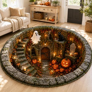 3D Halloween Round Rug Optical Illusion, Spooky Black Cat Witch Floor Mat, Pumpkin Raven Magic Carpet