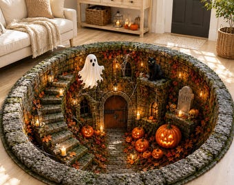3D Halloween Round Rug Optical Illusion, Spooky Black Cat Witch Floor Mat, Pumpkin Raven Magic Carpet