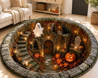 3D Halloween Round Rug Optical Illusion, Spooky Black Cat Witch Floor Mat, Pumpkin Raven Magic Carpet