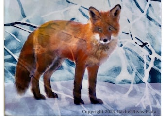 Original Encaustic Fox Art | Winter Landscape Wood Canvas Painting (8x10)