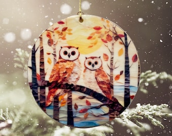 Encaustic Owls Ornament – Handcrafted Art with Beeswax on Wood (3 inch)