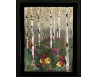 Encaustic Painting Birch Forest Flowers Art Botanical Wax Art Impressionistic Floral Painting Woodland Art Fantasy Decor