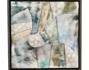 Encaustic Mixed-Media Collage Framed Modern Wall Art Beeswax Painting Gray Artwork Entryway Wall Decor Calm Art Semi-Abstract