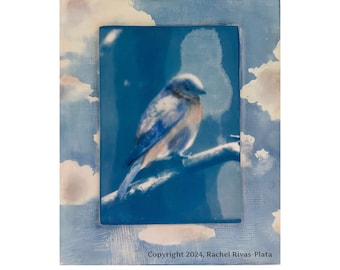 Encaustic Art Bluebird Cyanotype Suncaustic Beeswax Art Nature Decor Cloud Art Sky Illustration Birthday Gift Mother's Day Mixed-Media Bird