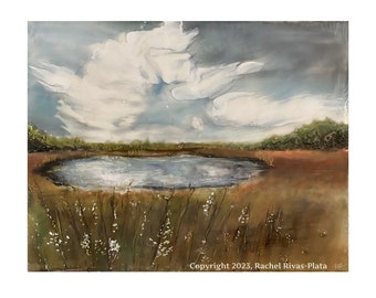 Adrift - Encaustic Painting by Rachel Rivas-Plata - Impressionist Landscape with Clouds and Pond - Summer Field - Country - Beeswax Art