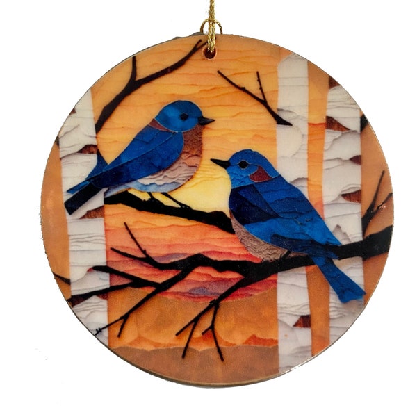 Bluebird Ornament Nature Art Birch Tree Bluebird Art Beeswax Encaustic Art Holiday Birthday Small Gift for Mom Colorful Handmade Ornament