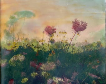 Wildflower Meadow Photo Encaustic Art | Original Botanical on Wood Canvas (8x8)