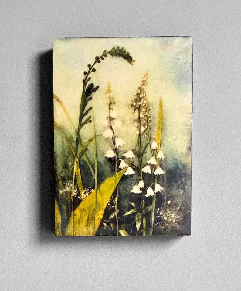 Lily of the Valley Encaustic Art Floral Art Mini Wall Decor Natural Wall Art Lilies Illustration Midjourney AI Botanical May Birthday Gift image 1