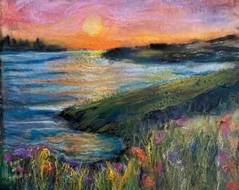 Encaustic Painting: Colorful Lakeside Landscape with Wildflowers at Sunset