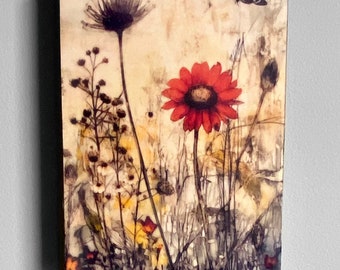 Floral Art Encaustic Art Daisy Red Wild Flowers Art Mini Mantle Decor Nature Art Unframed Art Plant Illustration Gift Midjourney Shelf Art