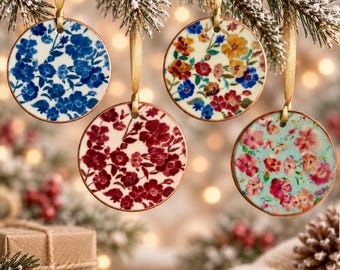 Encaustic Floral Ceramic Ornament – Handcrafted 3-inch Art, Beeswax Finish (Various Colors)