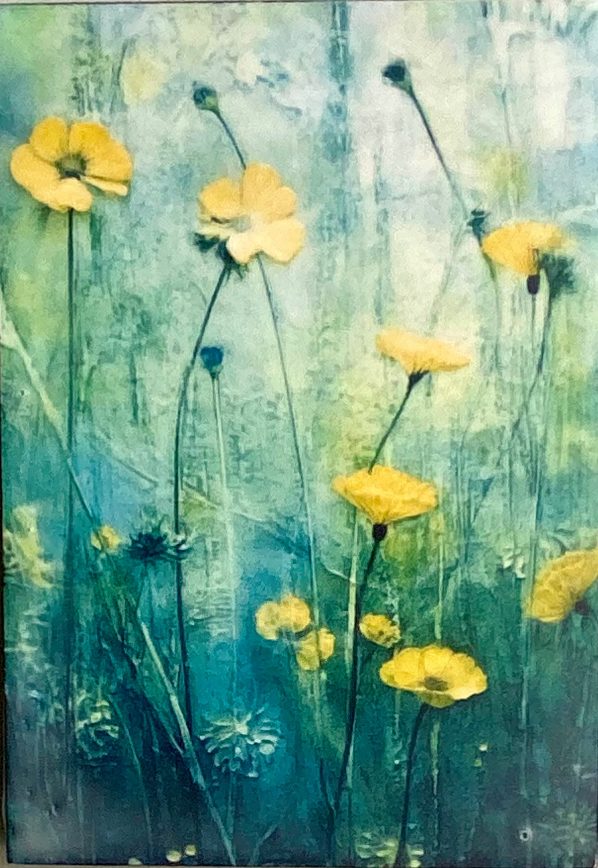 Botanical Buttercups Print on Wood Encaustic Beeswax Enhanced Nature Art (5x7 or 9x12)