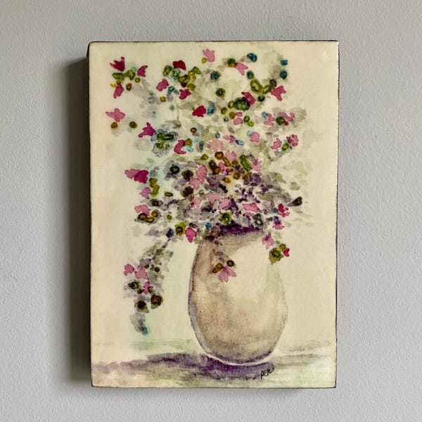 Encaustic Enhanced Art Print: Mini Floral Bouquet Watercolor Covered with Beeswax