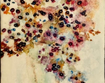 Floral Encaustic Enhanced Print | Watercolor Flowers on Wood, Beeswax Enhanced 5x7