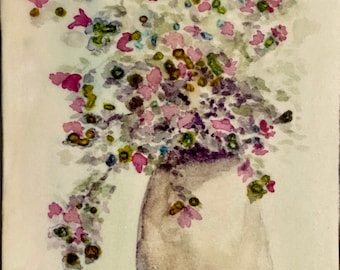 Encaustic Watercolor Floral Print on Wood | Pink Purple Blooms Nature Decor