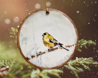 Encaustic Goldfinch Ornament – Handcrafted Art with Beeswax on Wood (3 inch)