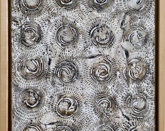 Abstract Neutral Wall Art | Encaustic Original Framed Painting (12x15) Made with Beeswax | Textured Spirals