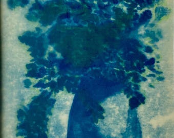 Blue Floral Botanical Art | Suncaustic Encaustic Cyanotype on Linen (Matted 8x10)